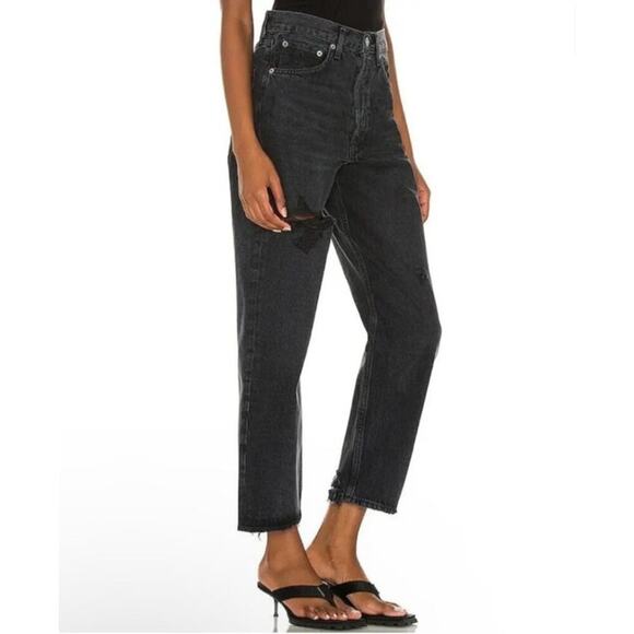 Agolde 90’s Crop Black Shutter Loose Fit Distressed Button Fly Denim Jeans Pants - Picture 3 of 15